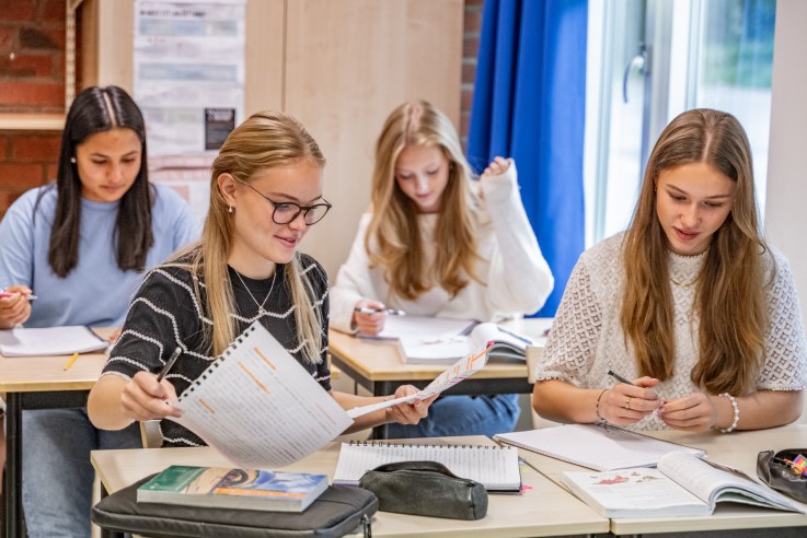 Fyra elever sitter vid skolbänkar och studerar i ett klassrum med böcker och anteckningar.