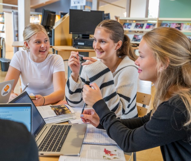 Fyra unga personer sitter vid ett bord i ett bibliotek och arbetar tillsammans med datorer och anteckningar.