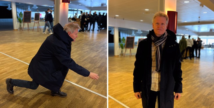 Två bilder på en person inomhus, en där personen hukar sig och en där personen står upp, ansiktet är suddat.