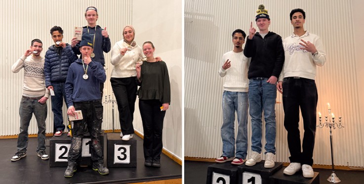 Två bilder visar personer på prispallar, några håller medaljer och poserar för kameran i en ljus inomhusmiljö.