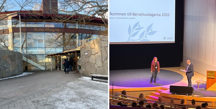 Tvådelad bild: vänster visar Aula Magna-entrén, höger visar scen med två personer och publik.