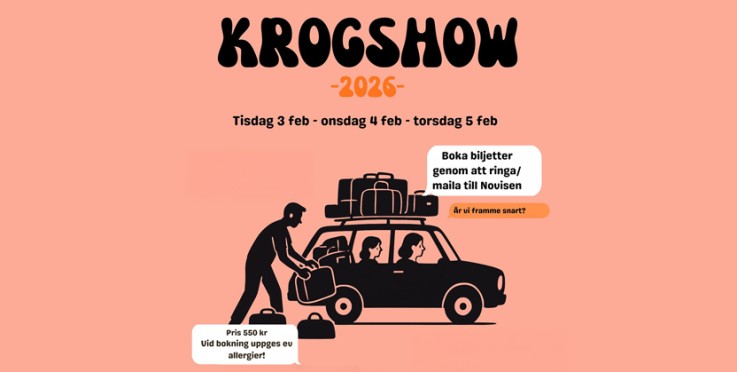 Affisch för Krogshow 2026 med illustration av familj som packar bil, text om biljettbokning och pris.