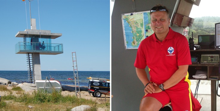 Tvådelad bild: till vänster ett livräddartorn vid havet, till höger en livräddare i röd uniform inomhus.