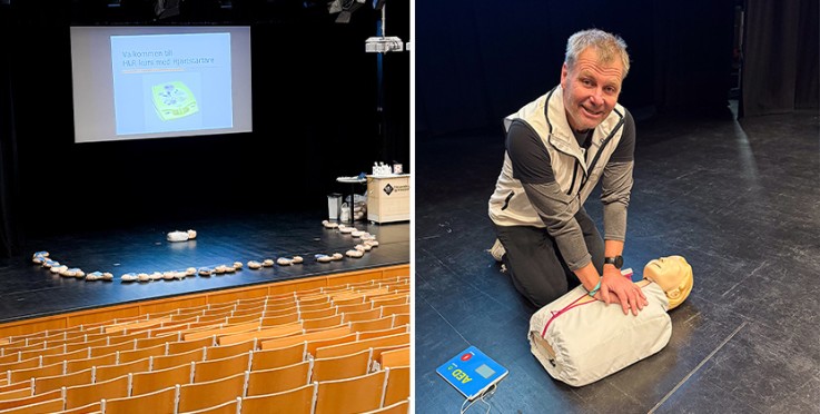 Tvådelad bild: vänster visar en scen med HLR-dockor, höger en person som övar hjärt-lungräddning på docka.