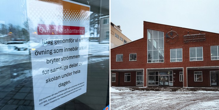 Tvådelad bild med en affisch om strömavbrottsövning på en skola och skolans fasad i vintermiljö.