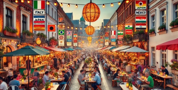 Livlig utomhusmarknad med mat från olika länder, många människor sitter och äter under ljusslingor.