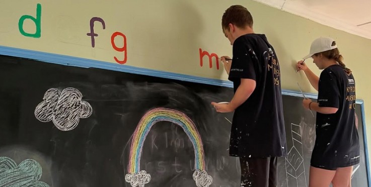 Två personer målar bokstäver på en vägg ovanför en svart tavla med kritteckningar av regnbåge och moln.