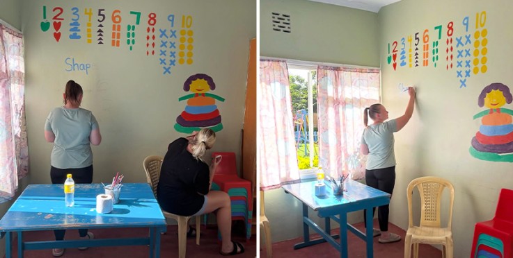 Två kvinnor målar färgglada siffror och figurer på en klassrumsvägg med barnmöbler.