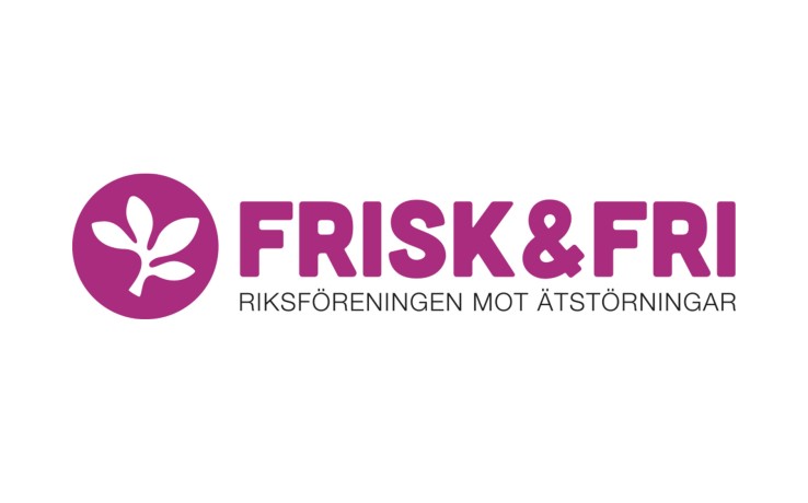Logotyp för Frisk & Fri, Riksföreningen mot ätstörningar, med lila text och en stiliserad växtsymbol.