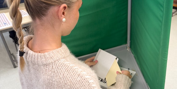 En kvinna står i ett grönt bås och röstar, sedd bakifrån, med valsedlar i handen.